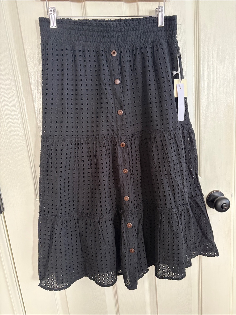 Tiered Eyelet Button-Front Midi Skirt in Black